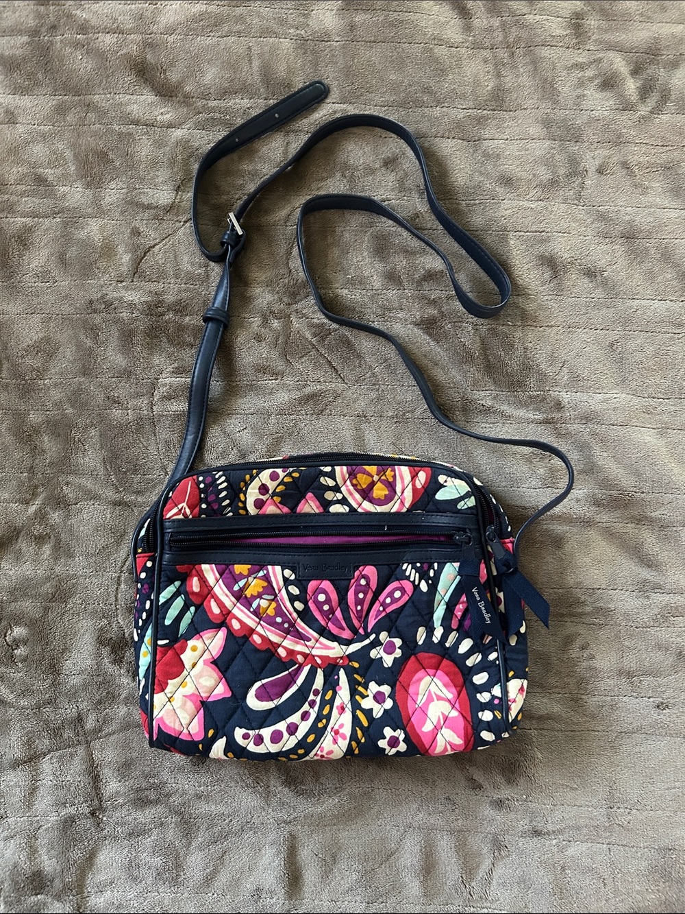 Vera Bradley Navy Quilted Crossbody with Pink & Teal Floral Paisley